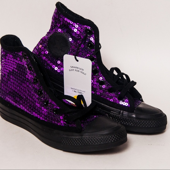 Converse Shoes - Purple Sequin on Black Monochrome Converse Hi Top